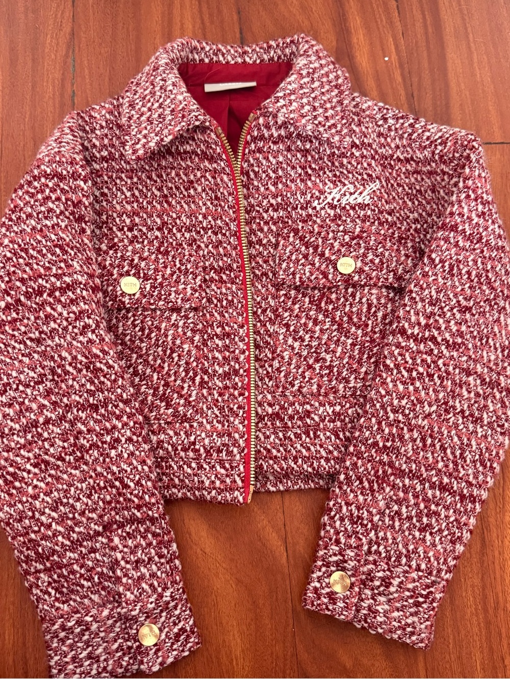 Kith Red & White Tweed Zip-Up Teddy Jacket